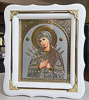 Икона П.Б.Семистрельная для дома в белом деревянном фигурном киоте под стеклом, размер 24*21,сюжет 15*18