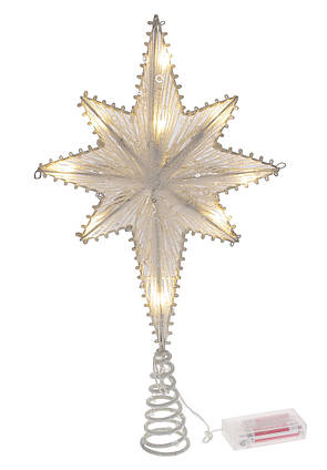 Верхівка на ялинку з підсвічуванням Зірка (10 LED лампочок від батарейок 2AA), 40см, колір - білий