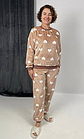 Піжама жіноча махрова тепла кофта з брюками тепла сердечки капучино 40-54 р.
