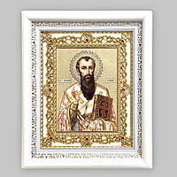 Ікона Василій Великий святитель, лик 15х18 см, в білому кіоті з камінням