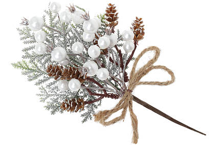 Гілка з хвої з білими перламутровими ягодами та дрібними шишками, 22см
