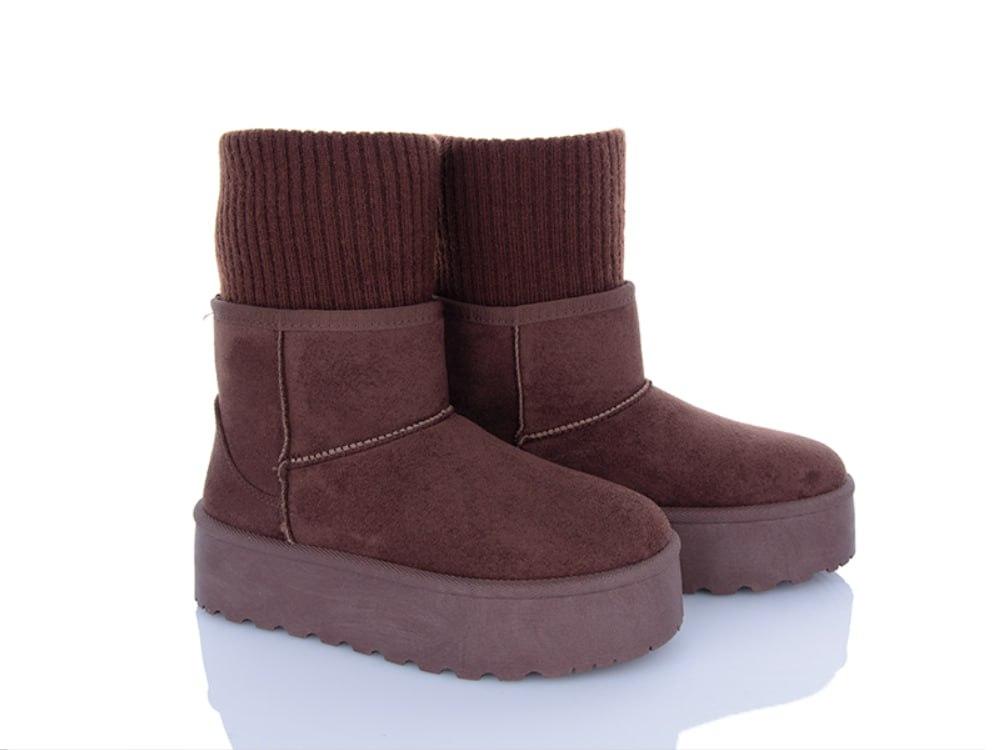 Уги черевики  КОРИЧНЕВІ BROWN з в'язаним носком  на високій підошві ЕкоЗАМША жіночі осінь зима