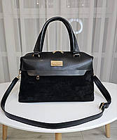 Жіноча сумка саквояж містка чорна натуральна замша+екошкіра