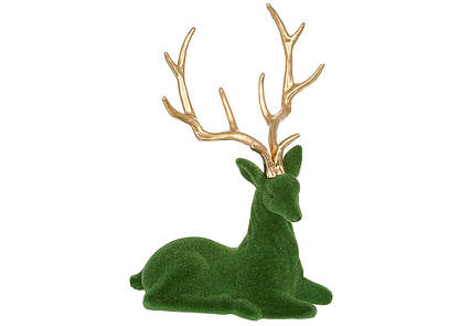 Декоративна флокова фігура Олень 21.5 см, колір зелений із золотими рогами