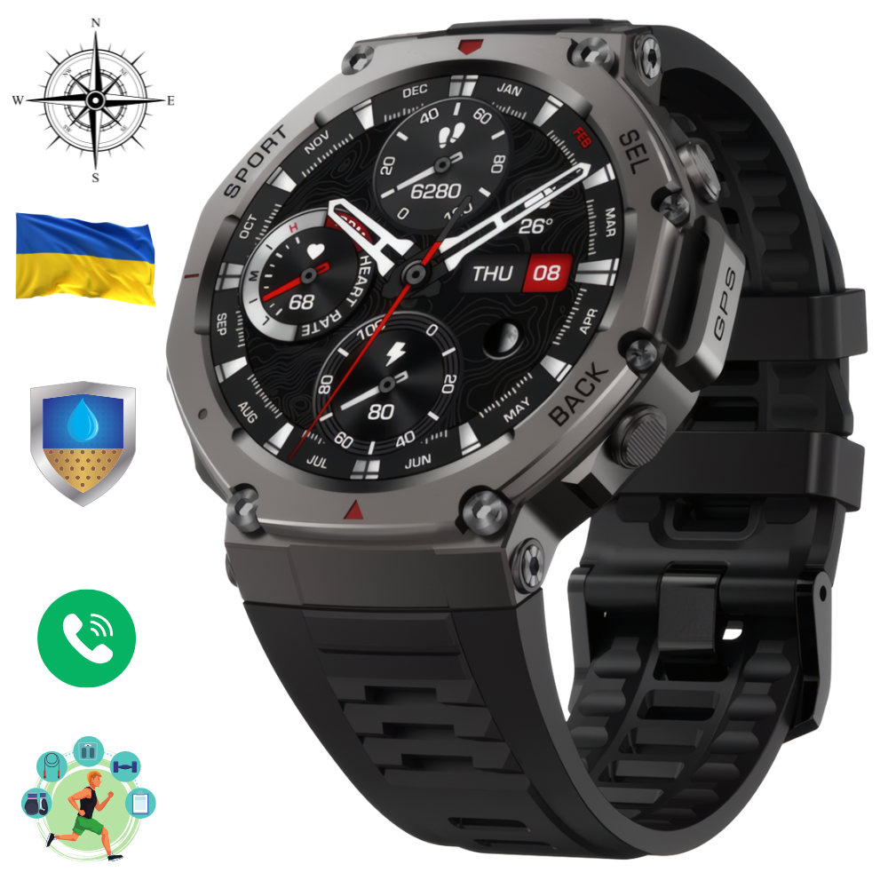 Смарт розумний годинник чоловічий з компасом круглий Smart Watch Modfit Titan Force ULTRA з дзвінком з українською мовою, фото 1
