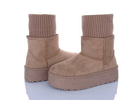 Уги Бежеві KHAKI з в'язаною шкарпеткою на високій підошві екоЗАМША зимові теплі жіночі