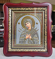 Икона П.Б.Семистрельная для дома в темном деревянном фигурном киоте под стеклом, размер 26*23, сюжет 15*18