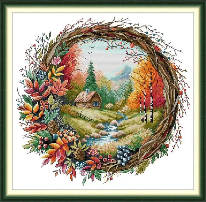 Набір для вишивання за нанесеною на канву схемою  "Autumn in a wreath".AIDA 14CT printed , 36*35 см, фото 1