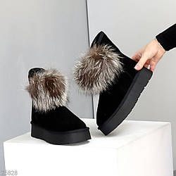 Чорні замшеві низькі уггі з опушкою натуральне хутро