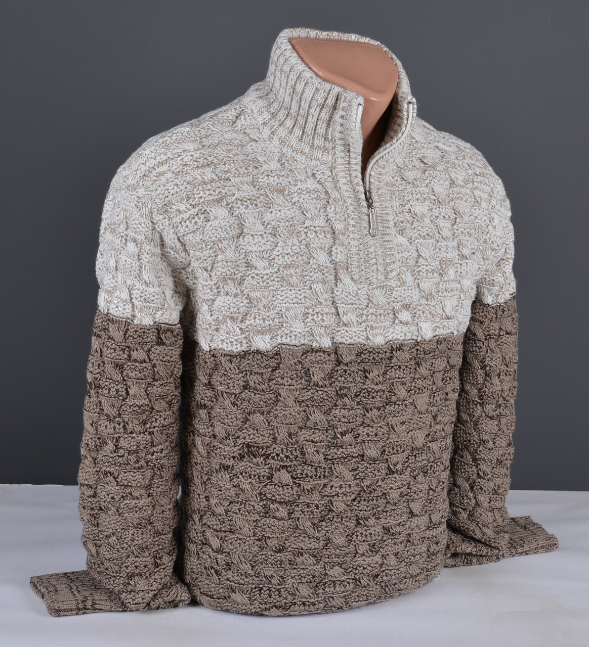 Чоловічий теплий светр із коміром на блискавці бежевий Туреччина 7284, фото 1
