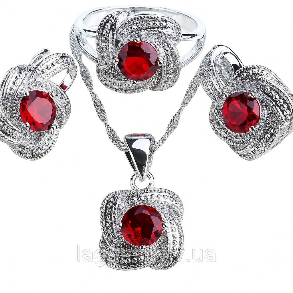 Комплект срібних прикрас APHRODITE 925 проба червоний (сережки, каблучка, підвіска та ланцюжок), фото 1