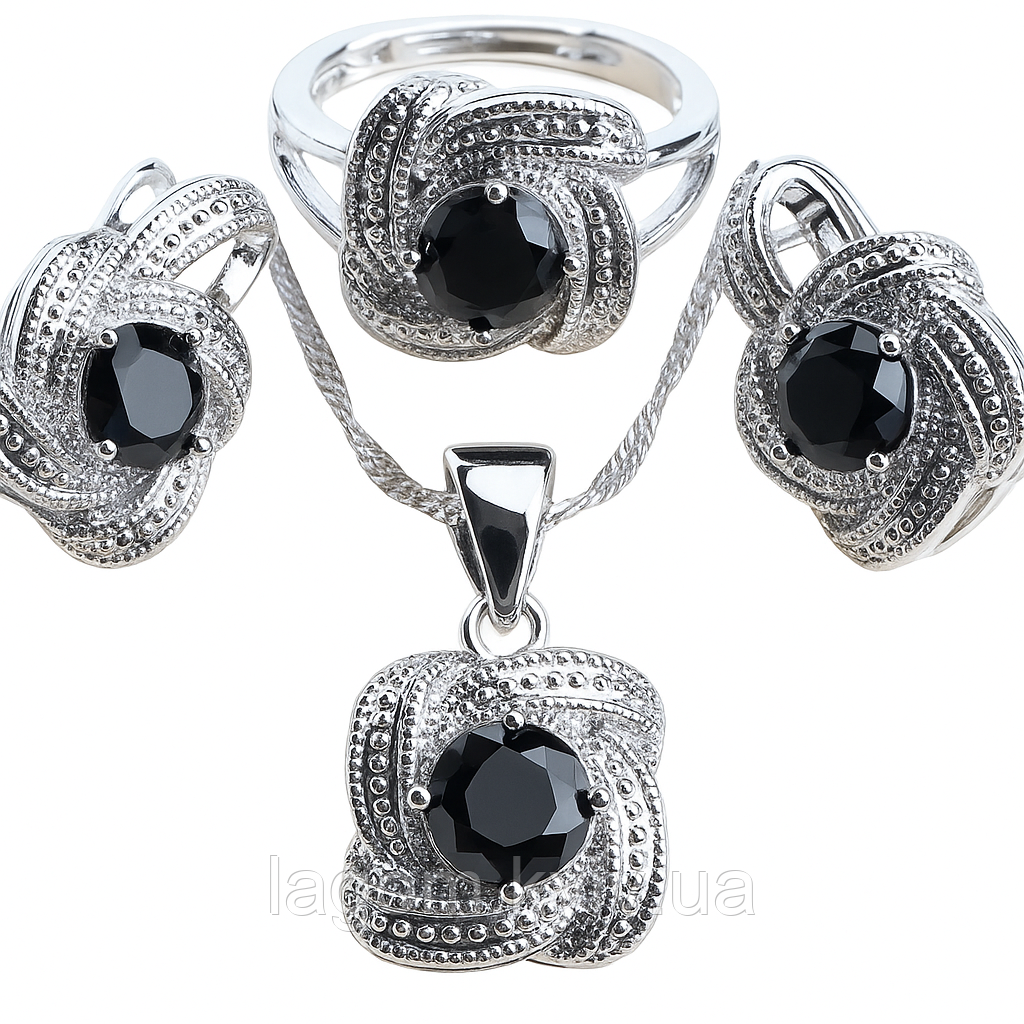 Комплект срібних прикрас APHRODITE 925 проба чорний (сережки, каблучка, підвіска та ланцюжок), фото 1