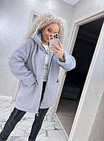 Модна стильна жіноча подовжена куртка тедді з капюшоном "Berta" Тепла зручна повсякденна жіноча куртка