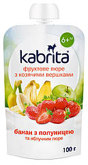 Фруктове пюре Kabrita з козячими вершками "Банан з полуницею і яблучним пюре" для дітей від 6 місяців, 100 г. (Кабріта)