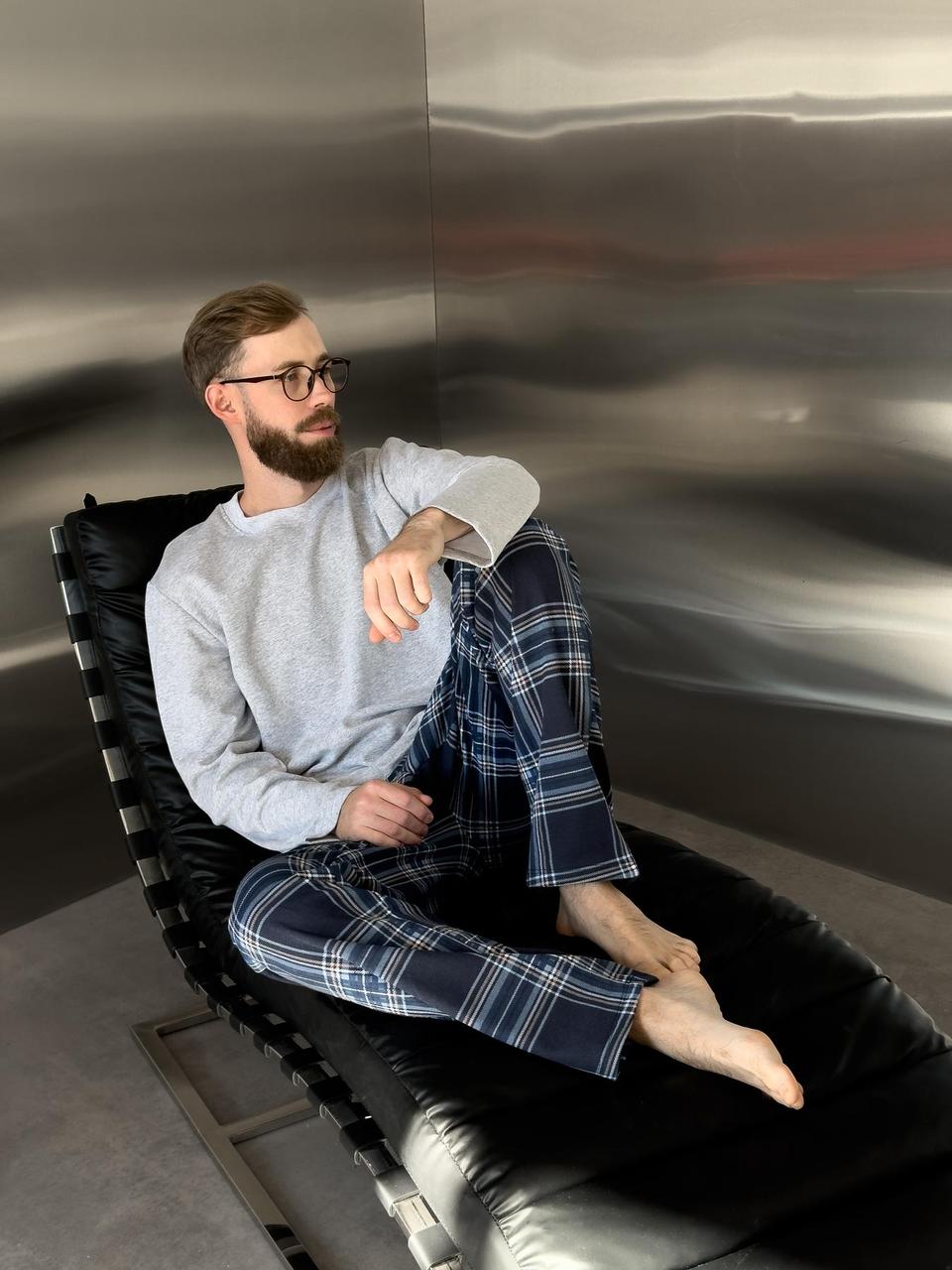 Піжама "Скандинавія NEW" тепла з начісом (штани+лонгслів), клітина синя, фото 1