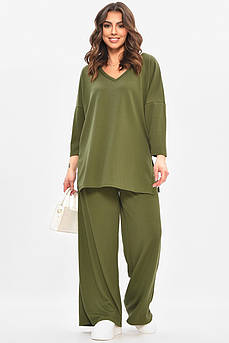 Костюм жіночий однотонний темно-зеленого кольору р.3 208164M