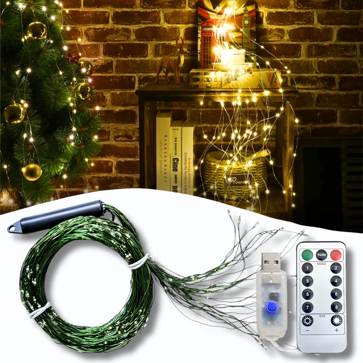 USB Гірлянда "Кінський хвіст" 2 метри 10 ниток 8 режимів світіння 200 LED пульт ДК Тепле біле світло, фото 1