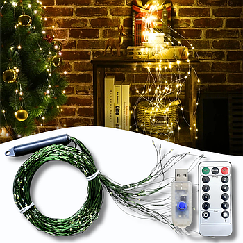 USB Гірлянда "Кінський хвіст" 2 метри 10 ниток 8 режимів світіння 200 LED пульт ДК Тепле біле світло