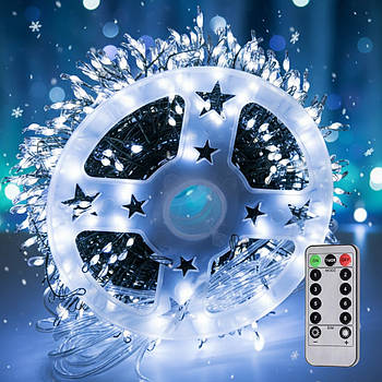 Гірлянда від мережі Мішура, 100м, 2500LED, 8 режимів + Пульт, зелений провід, Холодний білий / Новорічна гірлянда на ялинку