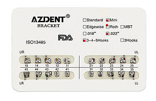 Azdent Mini Roth 0.22" — металеві брекети, hooks 3–4–5, 20 шт.