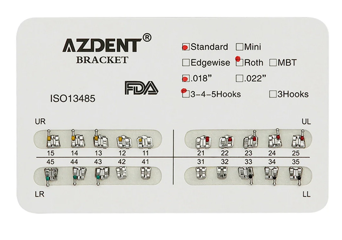 Azdent Standart Roth 0.18" — металеві брекети, hooks 3–4–5, 20 шт.