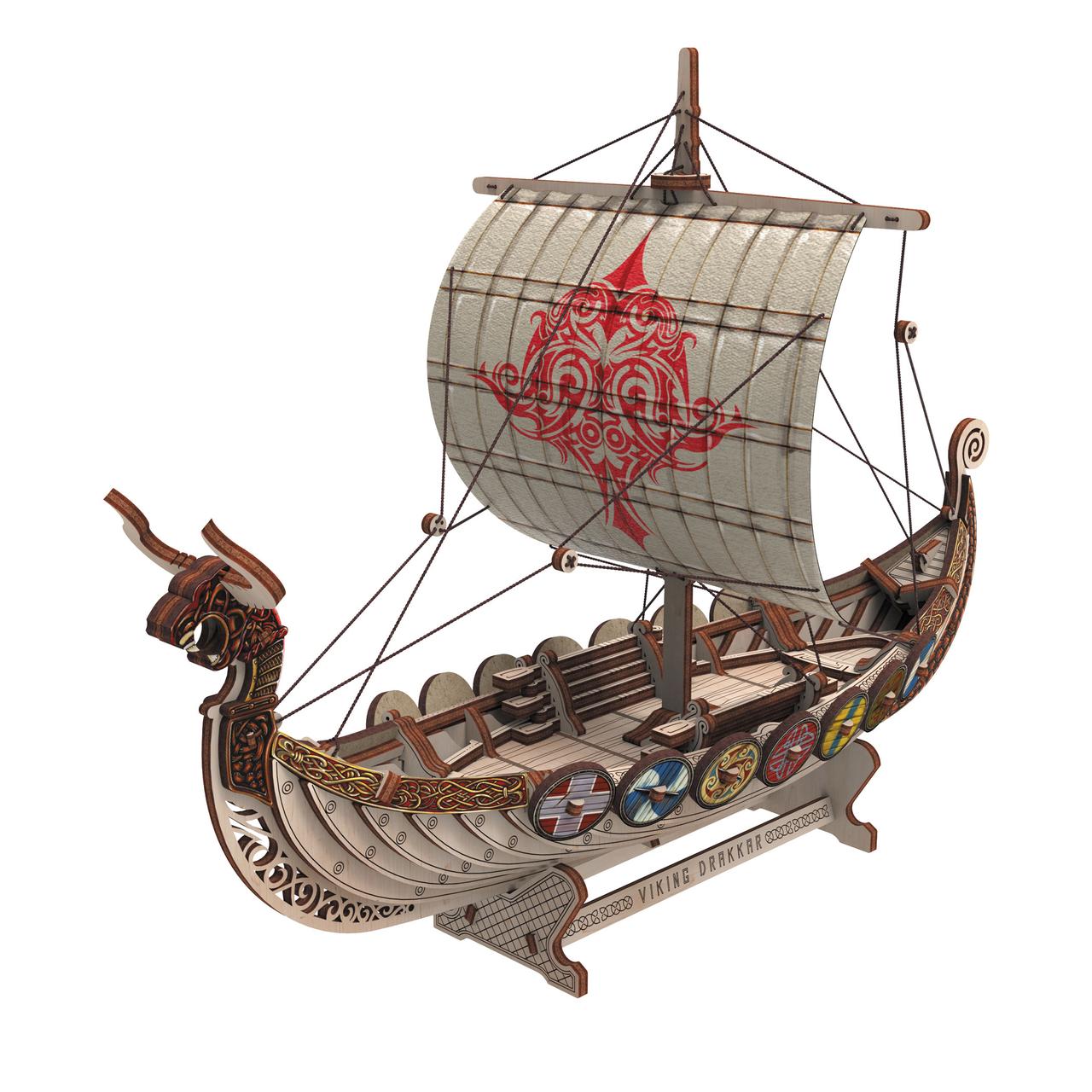Механічний дерев’яний 3D конструктор ХДФ Корабель Драккар Вікінгів «Бойовий Дракон» 131 деталь, фото 1