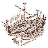 Механічний дерев’яний 3D конструктор ХДФ Корабель Драккар Вікінгів «Бойовий Дракон» 131 деталь, фото 4