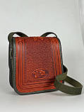 Жіноча шкіряна сумка ручної роботи з тисненим орнаментом «Дубок», рудо-оливкова сумка з натуральної шкіри, 20*21*8 см, фото 7