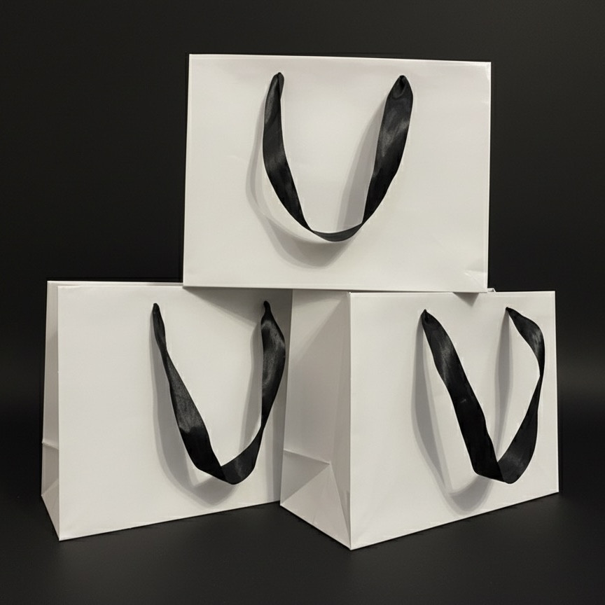 Білий Подарунковий пакет із чорними Атласними стрічками 300*227*120 мм, фото 1