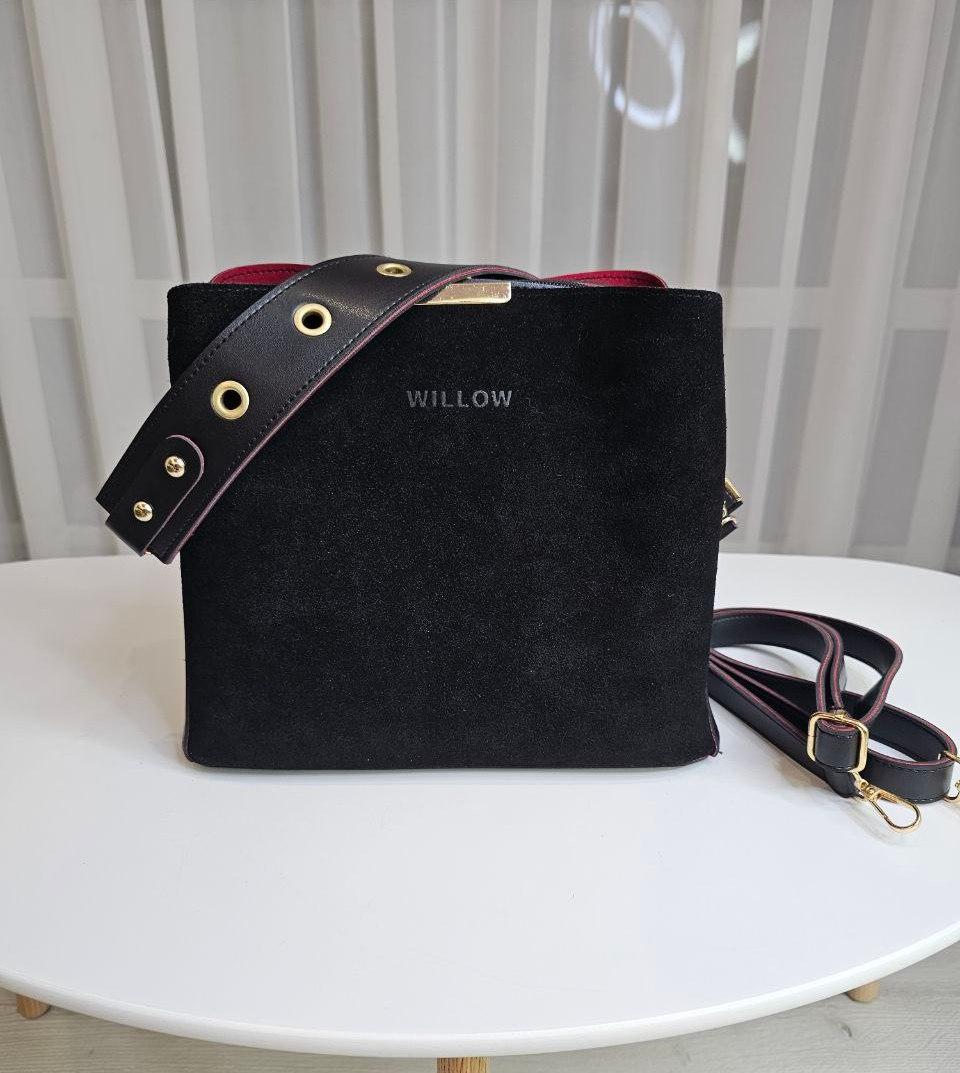 Жіноча сумка через плече сумочка кроссбоді чорна з червоним замша+екошкіра