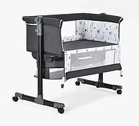 Дитяче ліжечко 3в1 приставне з функцією гойдалки, пеленатором і москітною сіткою, сірий колір