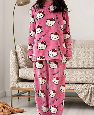 Піжама махрова кофта довгий рукав і штани з принтом Хелоу Кітті