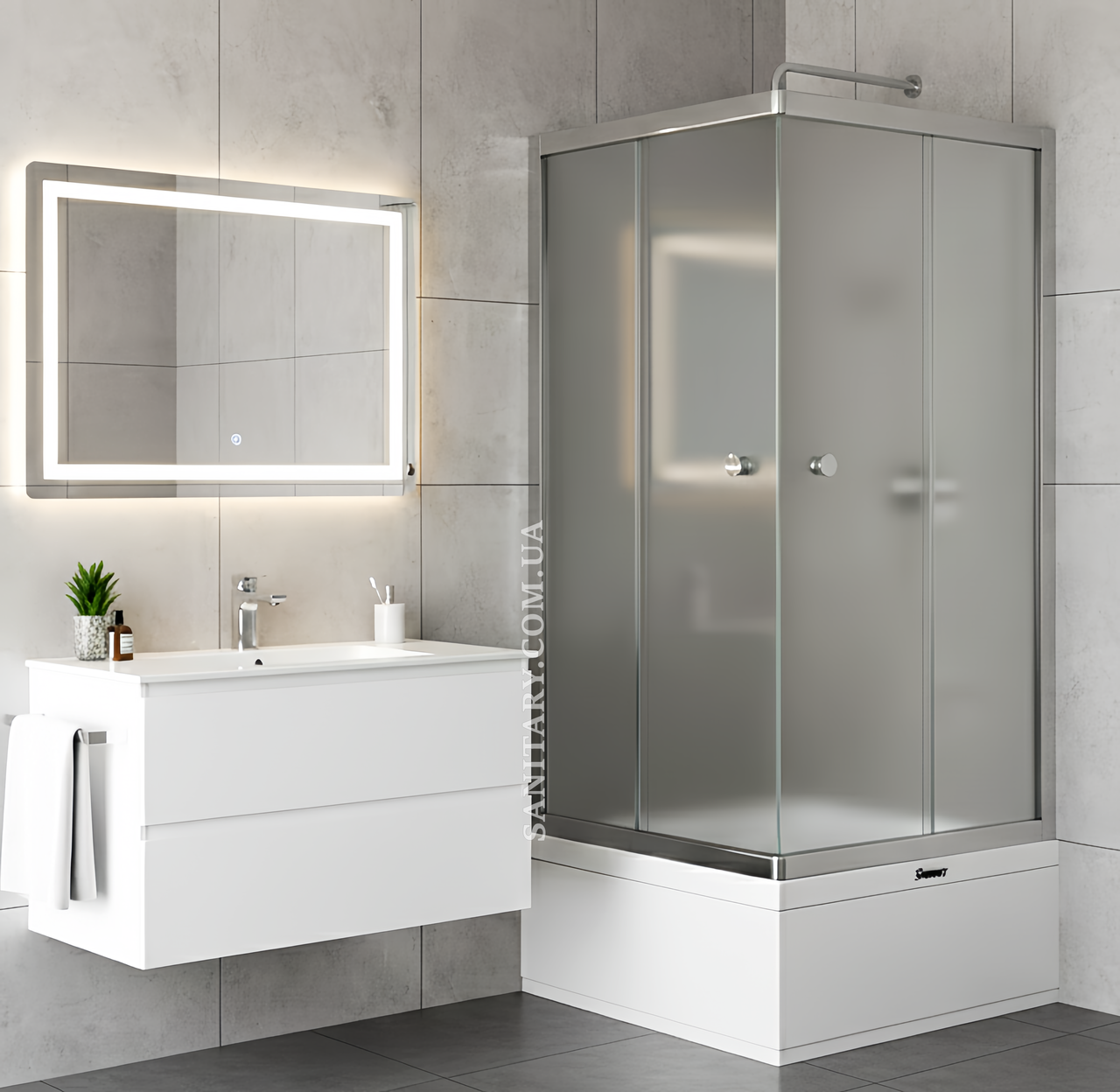 Душова кабіна 90х90х205 см квадратна на глибокому піддоні Shower saturn-mina матове скло 6 мм розсувні двері, фото 1