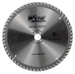 Пильний диск по дереву Werk 255х25.4 60 зуб. - 1 шт, фото 1