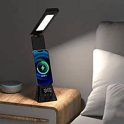 Настільна лампа LED з годинником та бездротовою зарядкою для телефону Wi-light 2088. Чорна