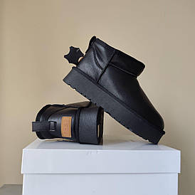 Угги Черные мини короткие на высокой подошве кожаные с натуральной шкрстью внутри