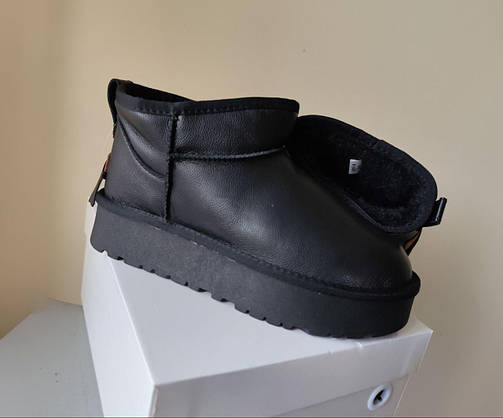 Угги Черные мини короткие на высокой подошве кожаные с натуральной шкрстью внутри, фото 2
