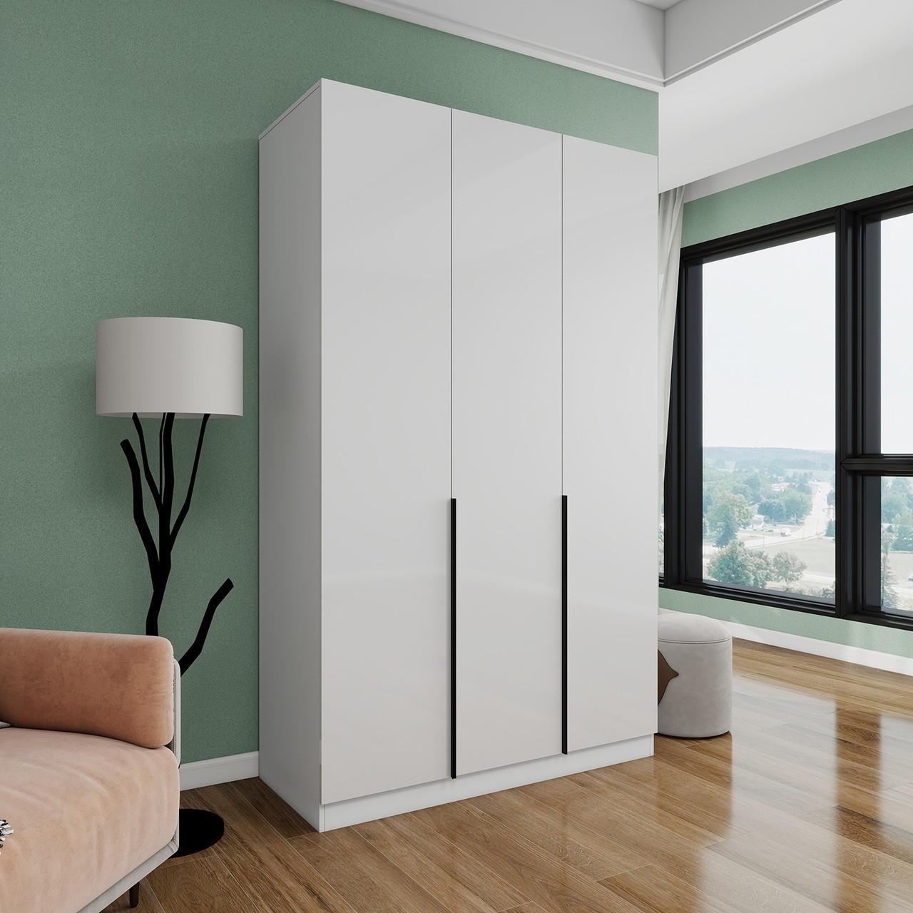 Шафа із закритими полицями для зберігання речей з ламінованого ДСП Шафи тридверні з 2 штангами, фото 1