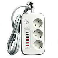 Подовжувач мережевий Power Socket No3454, 4USB, 2Type-C, 3 розетки, 2 м, білий