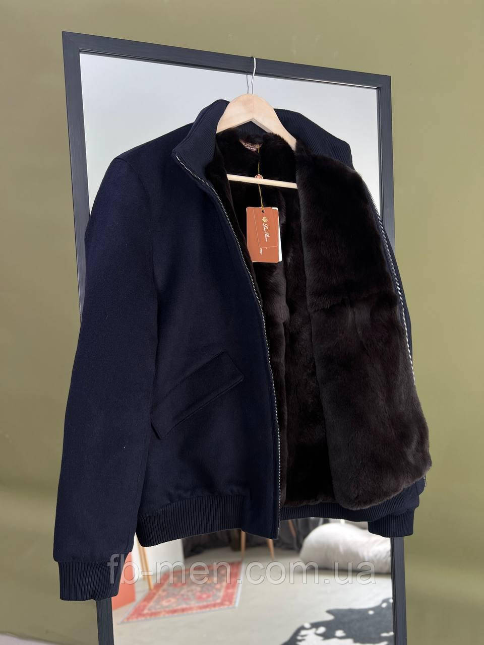 Тепла кашемірова куртка Loro Piana темно-синя з хутром бобра, фото 1