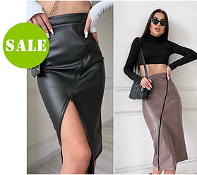 Шкіряна спідниця міді з розрізом "Lorren" оптом