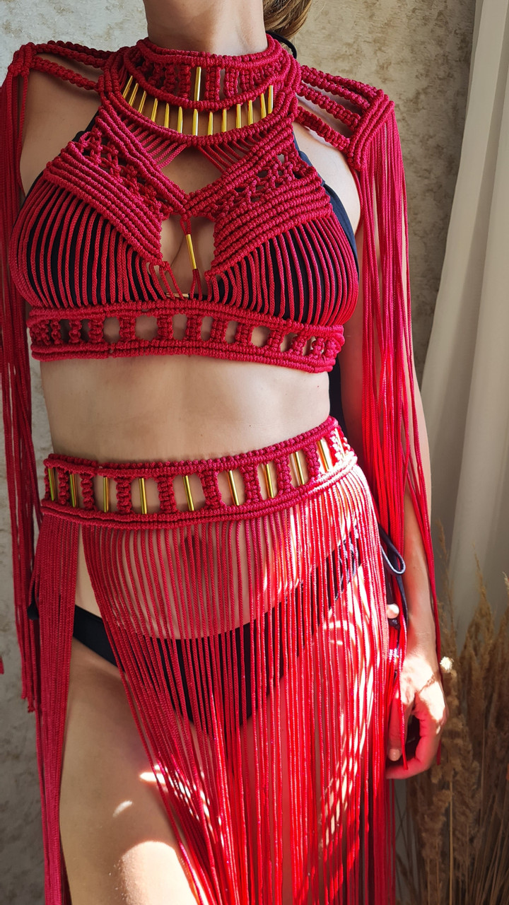 Макраме костюм бохо жіночий — топ і спідниця з бахромою, фестивальний сет