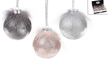 Ялинкова куля 8см з декором з пуху, мікс 3-х кольорів в дисплей коробці: рожевий пудровий, світло-сірий, графітовий сірий