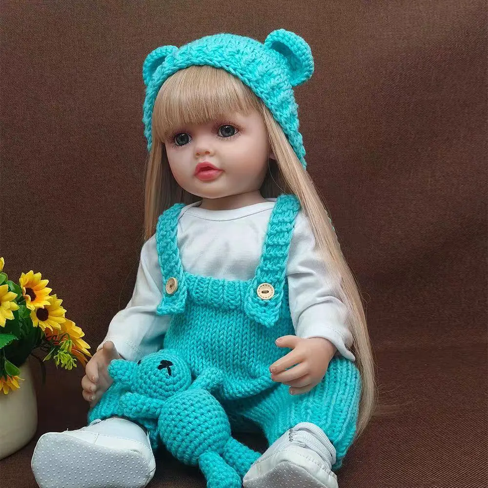 Лялька вінілова 55см, ручна робота, вишукана лялька для дівчинки в бірюзовому з ведмедиком Reborn Baby Doll 108, фото 1
