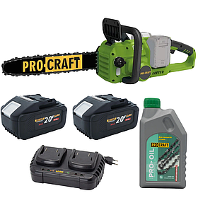 Акумуляторна пила Procraft PCA42/2, 2 × 20 В, 8 А·год (2 АКБ, зарядний пристрій, олія 1 л)