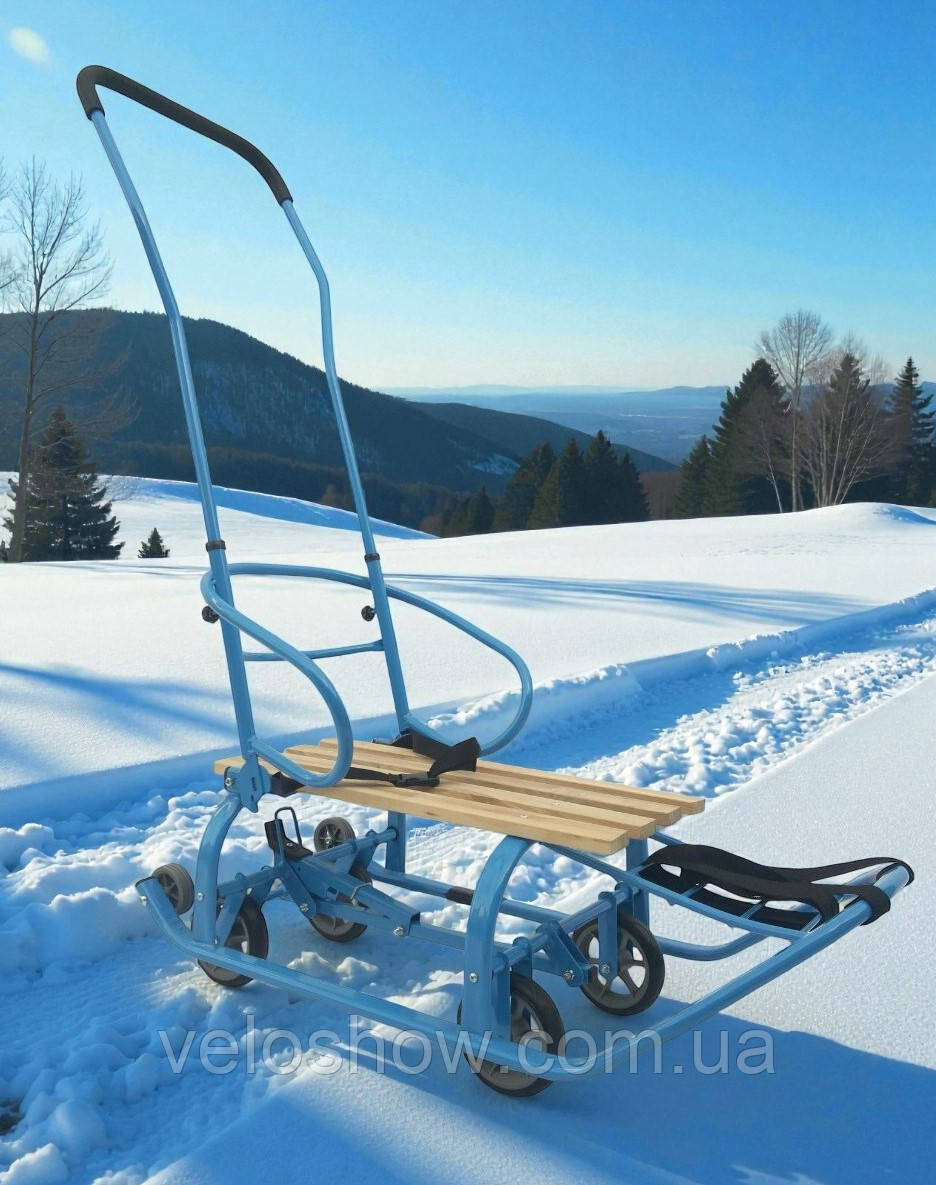 Санки на колесах (висувних) трансформер "Ельф" дитячі зі складаною знімною батьківською ручкою спинкою Україна, фото 1