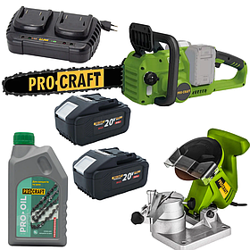 Акумуляторна пила Procraft PCA42/2 + Верстат для  ланцюга, 2 × 20 В, 8 А·год (2 АКБ, зарядний пристрій, олія 1 л)
