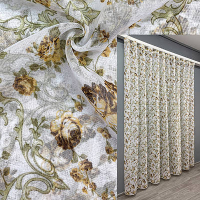 Готова тюль (3х2,7м.) батист, колекція "Flora". Колір білий з різнокольоровим принтом. Код 917т 42-0234