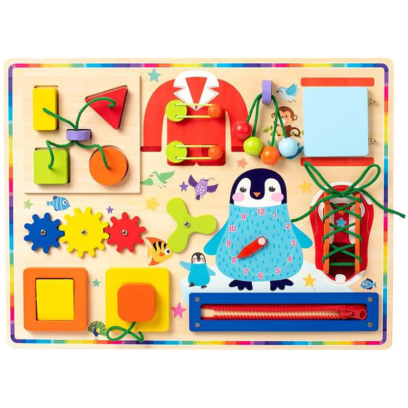 Дерев'яна бізі іграшка дитяча дошка бізіборд для раннього розвитку Сортер пальчикові ігри спінер годинник застібки, фото 1