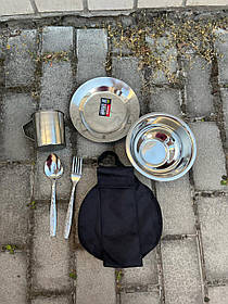 Тактичний комплект посуду 07-1 Т Black у сумці Oxford 600D - польовий набір з нержавіючої сталі з плоскою тарілкою